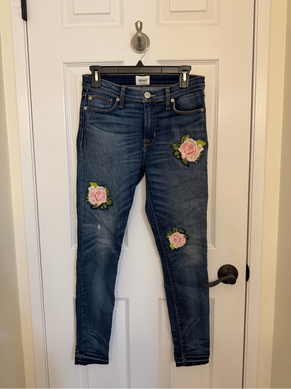 Hudson Jeans Dark Blue Skinny Jeans with Pink Rose Patches